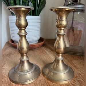 Vintage Brass Taper Candle Holders – India Made – Elegant Patina – 8” Pair